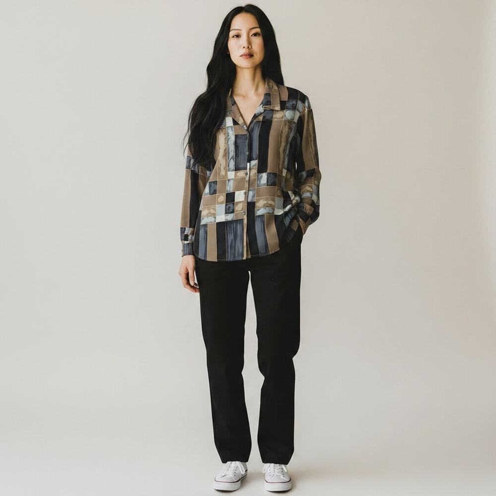 Alia Multicolor Button Up Blouse 10 Geometric Print Long Sleeve Polyester Netura